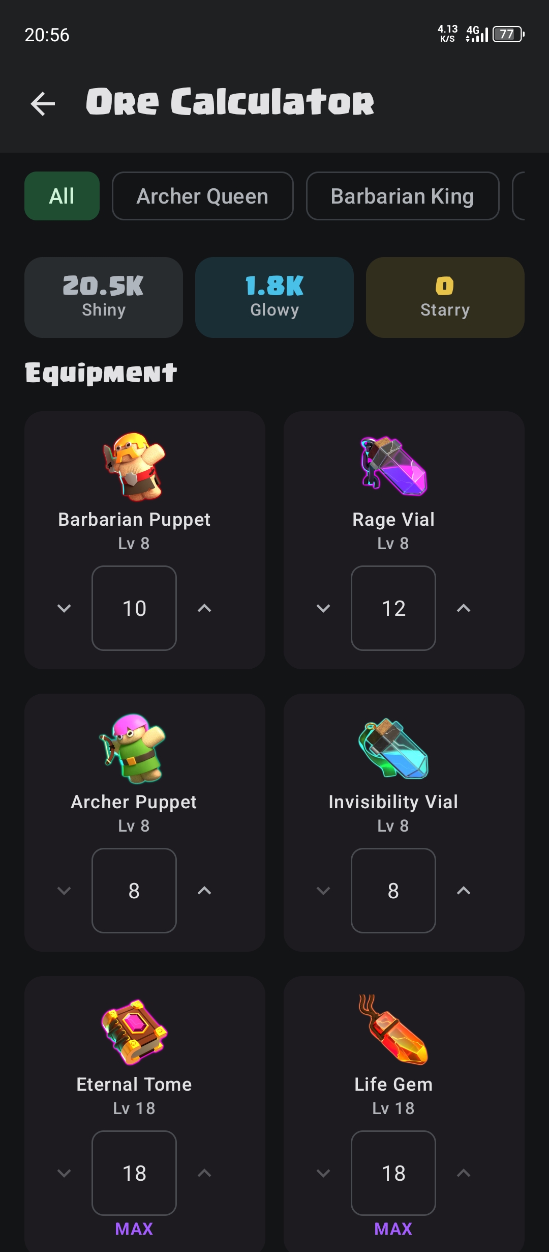 Ore calculator for hero equipment upgrade planning