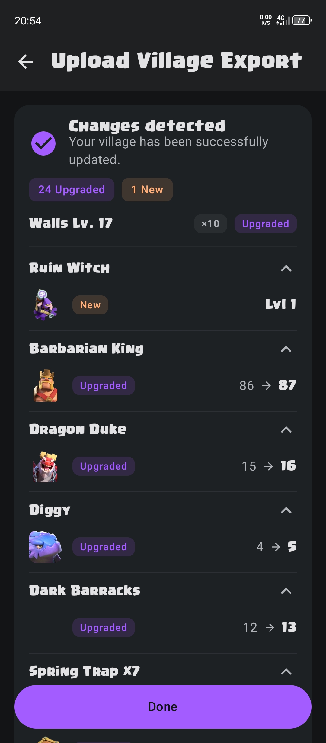 Upload village screen with JSON import from game settings
