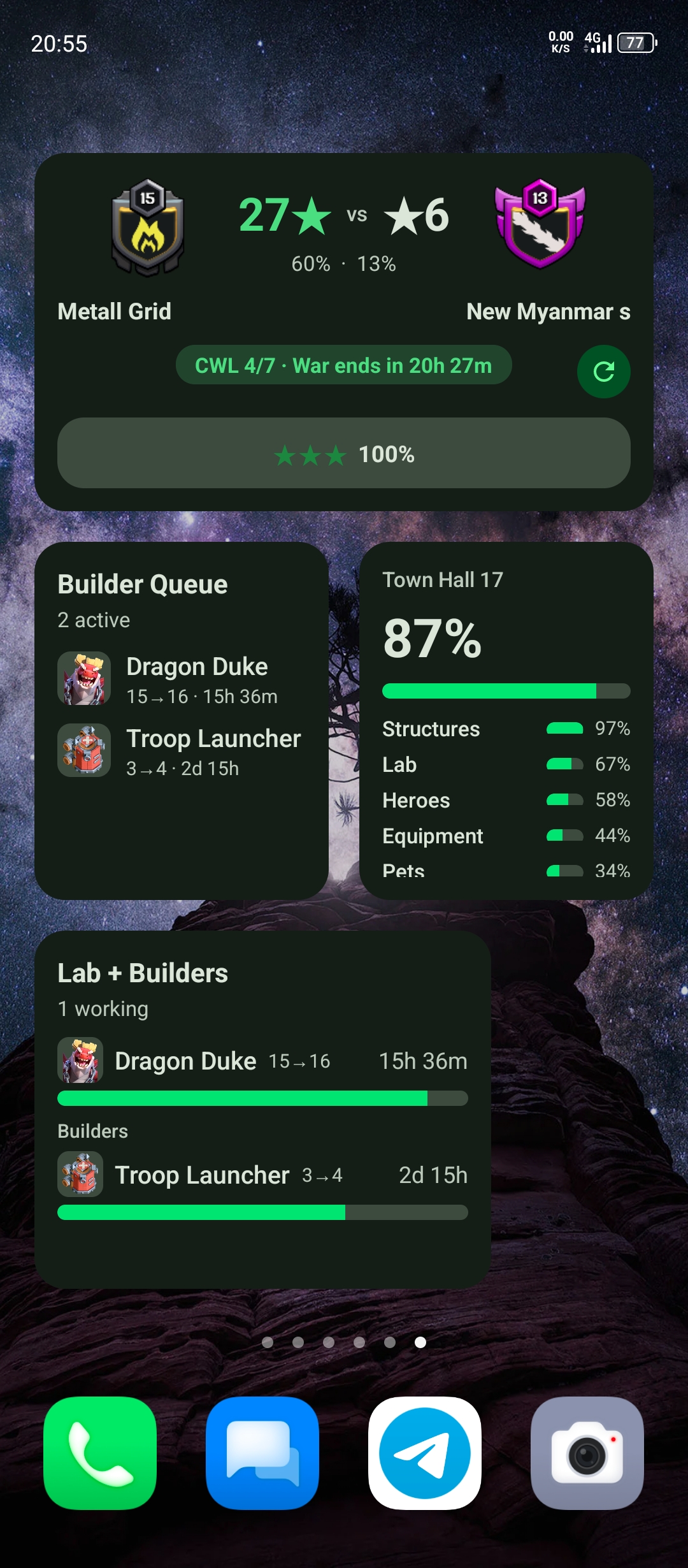 Home screen widgets showing war status and builder timers